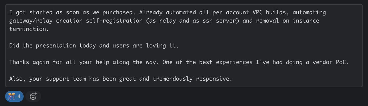 Wonder what life's like as a Customer Success Manager at <a href="/strongdm/">StrongDM</a>  ? This Slack message from a new customer sums it up :) Click here to apply. We're hiring 5 more CSMs jobs.lever.co/strongdm/d76d7… #Hiring #CustomerSuccess
