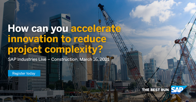 Attention please! 📣 The virtual #SAPIndustriesLIVE for EC&amp;O 🏢 will be taking place on March 16th at 11 AM EST, join us to hear how your construction firm can rapidly innovate by transforming into an #intelligententerprise. Learn more... bit.ly/3b5AnJM