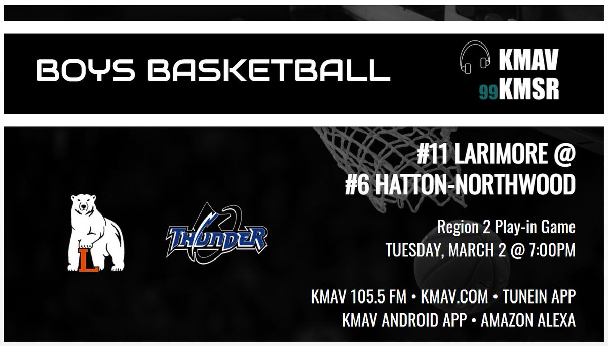 Boys Basketball 

Region 2 Play-in 

#11 Larimore at #6 Hatton-Northwood 

Tuesday 7pm Tip-off 

105.5 FM &amp; KMAV.com 

<a href="/Larimore44/">Larimore Public Schools</a> <a href="/SchoolHatton/">Hatton Eielson School</a> <a href="/Northwoodk12/">Northwood School</a> #NDPreps