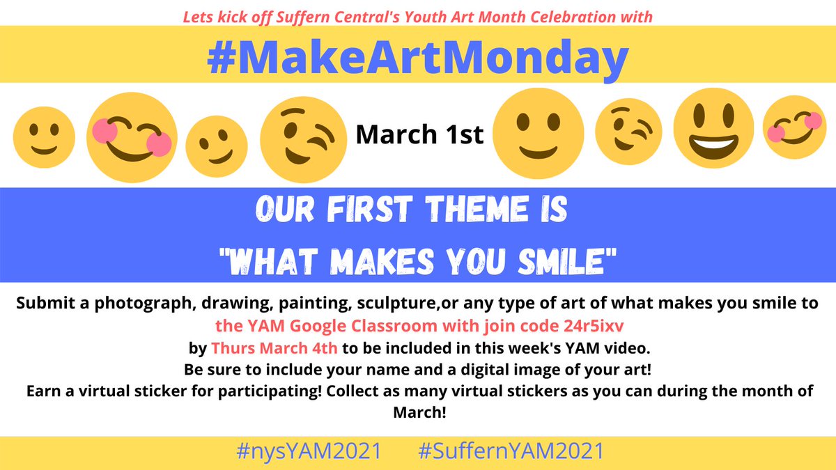 SuffernNAHS's tweet photo. Have you heard about #makeartmonday2021? It’s just one of many activities for #nysYAM2021 #youthartmonth @SuffernCSD! Join our SCSD Youth Art Month google classroom to participate! https://t.co/TBvpqrKfxl