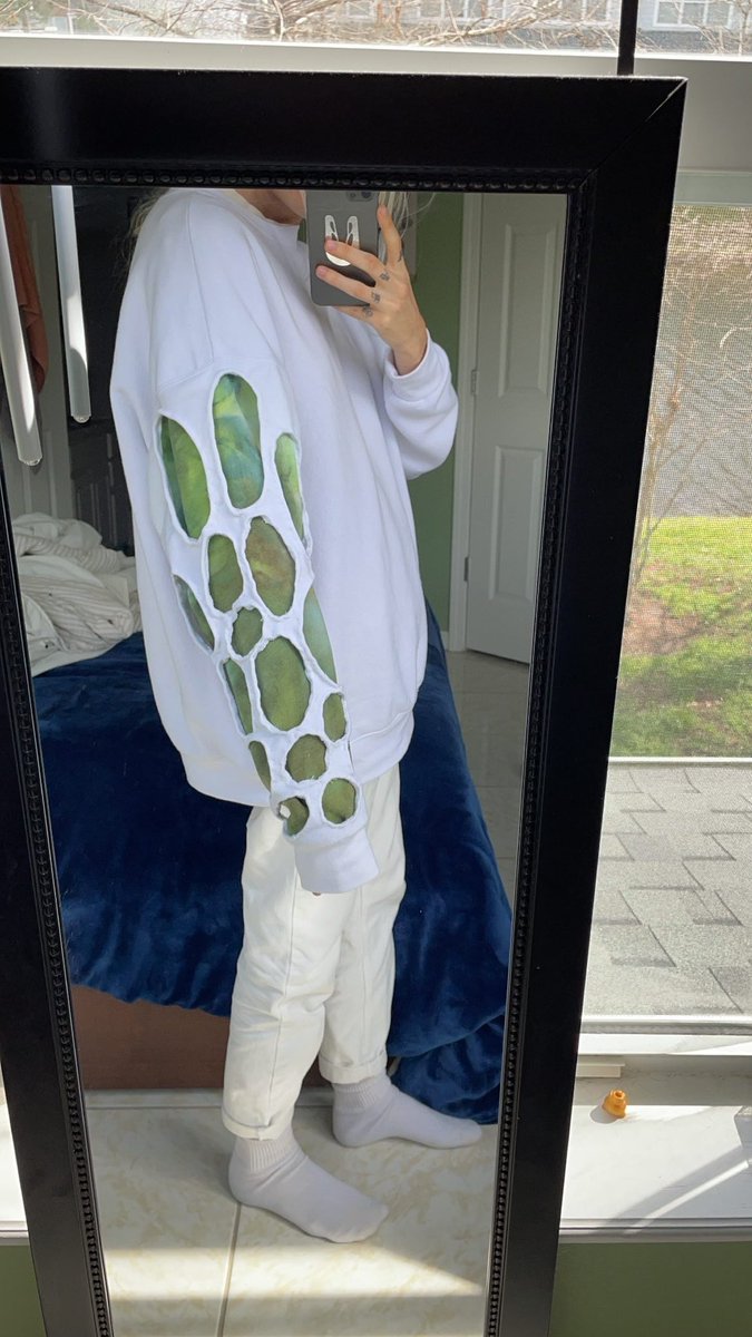 sageinutopia's tweet photo. Mycelium sweatshirt prototype! Hand dyed and sewn by me. Incorporating organic form to fashion https://t.co/FcUfuKLRvZ