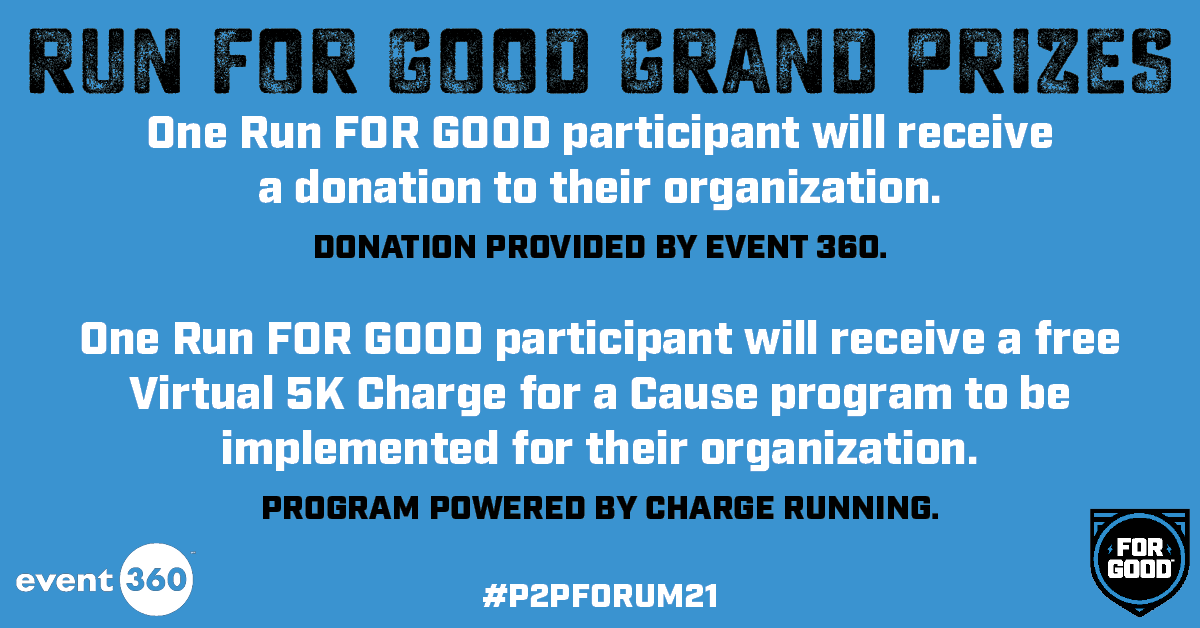 Event360's tweet photo. If you join us tomorrow for the Run FOR GOOD and share photos using #P2PRunFORGOOD, you could win these incredible prizes from @Event360 and @chargerunning. More details at https://t.co/X4EYcnHMYe
#P2PForum21 @P2PForum https://t.co/zdmrtBKGCf