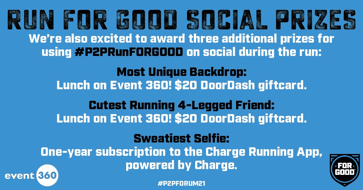 Event360's tweet photo. If you join us tomorrow for the Run FOR GOOD and share photos using #P2PRunFORGOOD, you could win these incredible prizes from @Event360 and @chargerunning. More details at https://t.co/X4EYcnHMYe
#P2PForum21 @P2PForum https://t.co/zdmrtBKGCf
