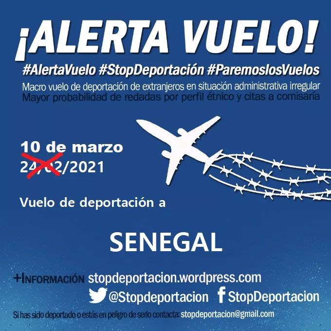 Obs_MF's tweet photo. 🚨ALERTA DEPORTACIÓN 🚨 Aerta vuelo de deportación a Senegal reprogramado @Stopdeportacion @RegularizacionY @CoordiBarrios @CoordinadoraOF @patucafvicens @RSAcogida @REDACOGE @TanquemElsCIE @CIEsNoMadrid @CIENOCanarias @txemita @HelenaMaleno @Diamamdu https://t.co/MznlQ5NR0C