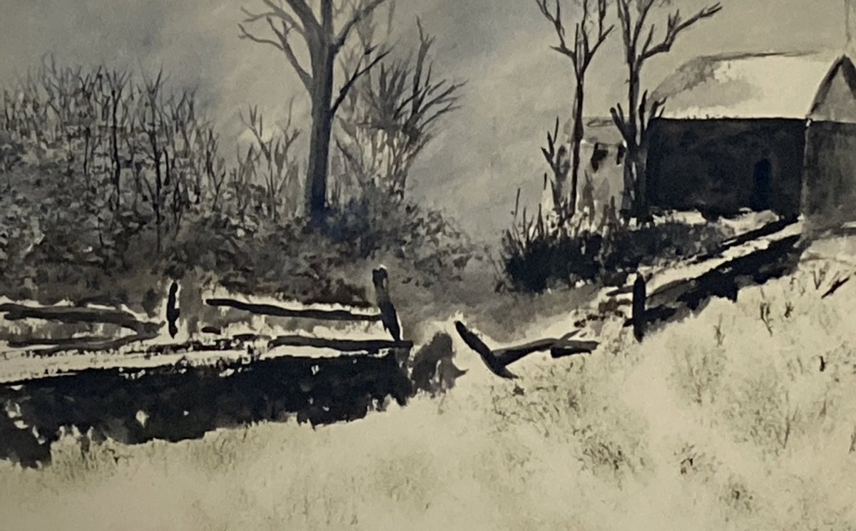 Snowy Night at the Farm 15x22 watercolor #watercolorpainting #landscapepainting #artistsontwitter #painting