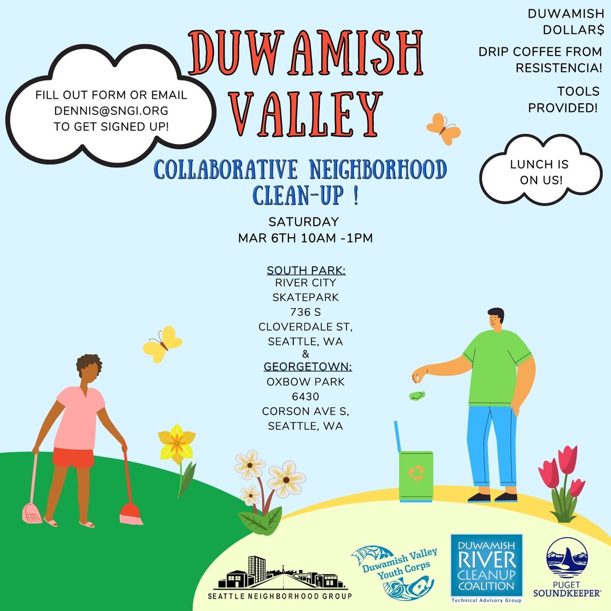 Duwamish River Community Coalition (@drcc_org) on Twitter photo Join us Saturday March 6th from 10am-1pm on our Duwamish Valley Community Cleanup.
Sign up by emailing Dennis@SGNGI.ORG Join us Saturday March 6th from 10am-1pm on our Duwamish Valley Community Cleanup.
Sign up by emailing Dennis@SGNGI.ORG