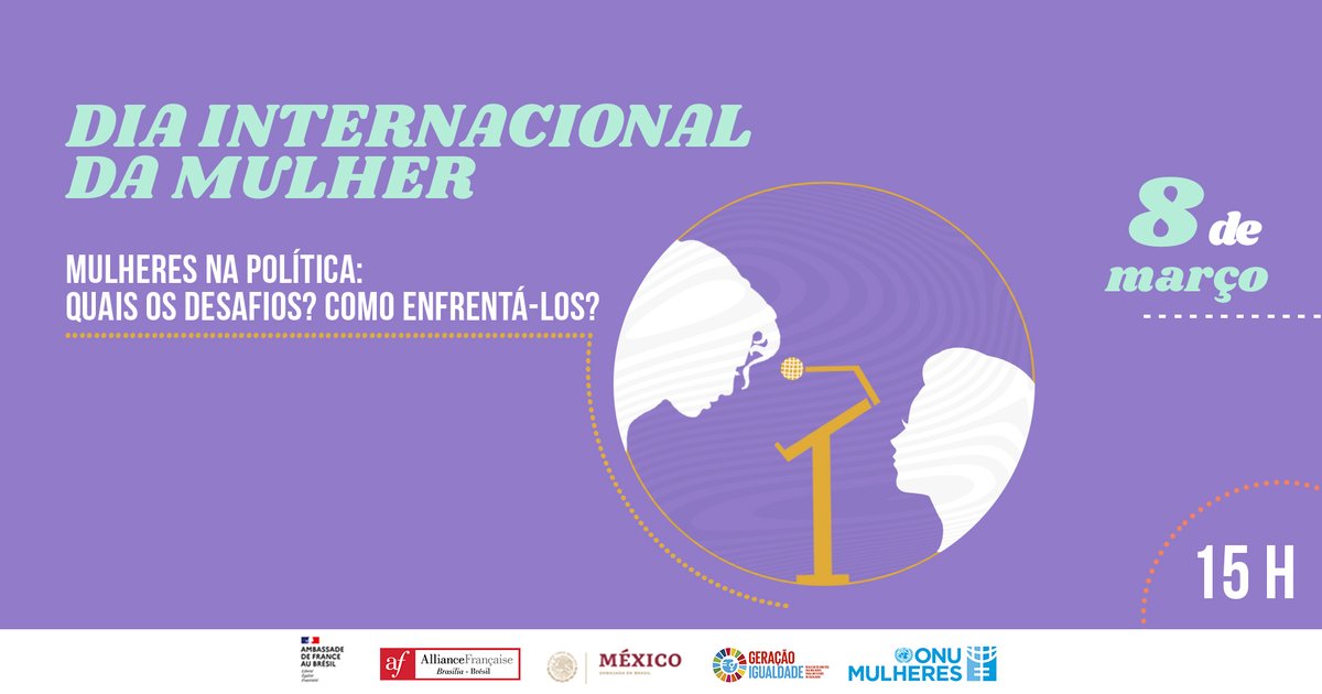 Por ocasião do dia internacional das mulheres, a Embaixada da🇫🇷no Brasil organiza, em parceria com a Aliança Francesa de Brasília, <a href="/ONUMulheresBR/">ONU Mulheres Brasil</a>, e a <a href="/EmbaMexBra/">Embaixada do México no Brasil</a>, um webinário dedicado às mulheres na política. 
 
Quais são os desafios das #mulheresnapolítica? Como enfrentá-los?