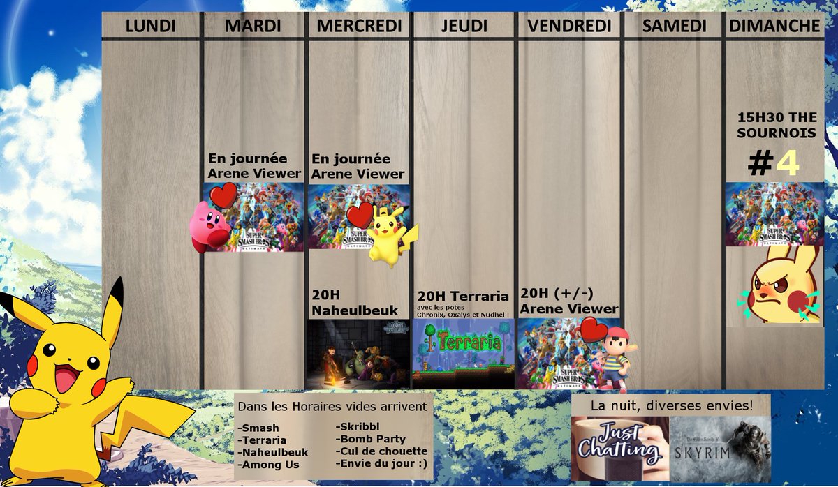 Planning de la semaine du 1er mars au 7 mars 💛 

Event de la semaine : Le SOuRNOIS #4 DIMANCHE 7 MARS 

Tournois Smash ~ Dessins personnalisés de ouf et place dans le hall of Fame à gagner 
Inscriptions avec un petit message sur le discord

discord.gg/hHNxqgk