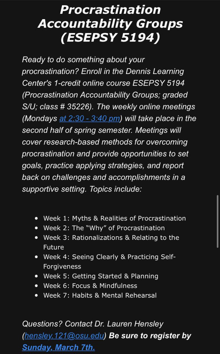 cgsosu's tweet photo. Struggling to keep up in classes?📝
@DLC_OSU is offering 2 programs to enhance graduate students' academic success!

1️⃣The Productivity Program
2️⃣Procrastination Accountability Groups (ESEPSY 5194 - 1 credit)

Learn more below, email dlc@osu.edu, or visit: https://t.co/stBYEgFXBm https://t.co/LXpDn8EM4E