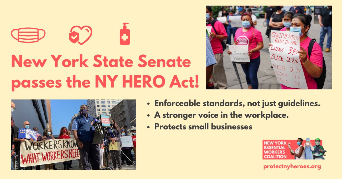 WIN! NYS Senate passes the NY HERO Act (S1034/A2681) 46-16! Thank you @AndreaSCousins @SenGianaris @jessicaramos & sponsors!

Now @NYSAssembly must act without delay and #ProtectNYHeroes. We can’t wait months for a vaccine, we need workplace safety now!

➡️protectnyheroes.org