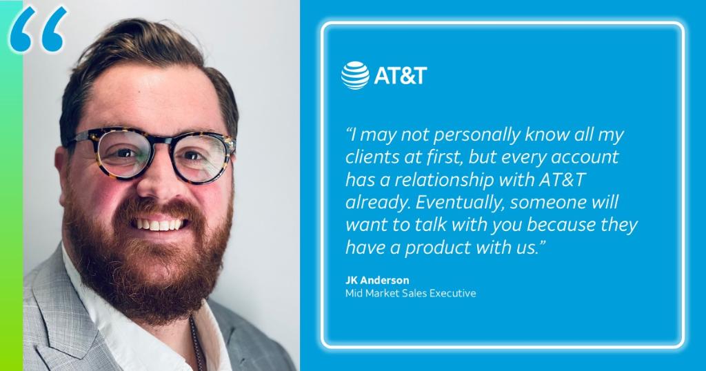 LifeAtATT's tweet photo. Flexibility, culture and a strong commission structure are just a few of the reasons Business Sales expert JK Anderson stays excited about his future with our team. Read his experience on what makes our #Sales #career stand out from the rest: https://t.co/hycKKDDcHD #LifeAtATT https://t.co/YMCcr5AsjJ