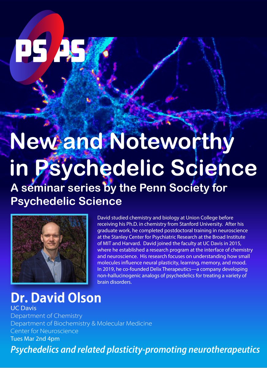 Sophie Rogers (@synaptic_soph) on Twitter photo Thrilled to have Dr. Olson from <a href="/DEOlsonLab/">Olson Lab</a> speak for <a href="/pennpsychedelic/">Penn Society for Psychedelic Science (PSPS)</a> on <a href="/PennMindCORE/">PennMindCORE</a>'s Crowdcast, courtesy of <a href="/PennBGSA/">Penn BGSA</a>! Register here to learn more about the therapeutic role of psychedelics in promoting plasticity: crowdcast.io/e/penn-psyched… Thrilled to have Dr. Olson from <a href="/DEOlsonLab/">Olson Lab</a> speak for <a href="/pennpsychedelic/">Penn Society for Psychedelic Science (PSPS)</a> on <a href="/PennMindCORE/">PennMindCORE</a>'s Crowdcast, courtesy of <a href="/PennBGSA/">Penn BGSA</a>! Register here to learn more about the therapeutic role of psychedelics in promoting plasticity: crowdcast.io/e/penn-psyched…