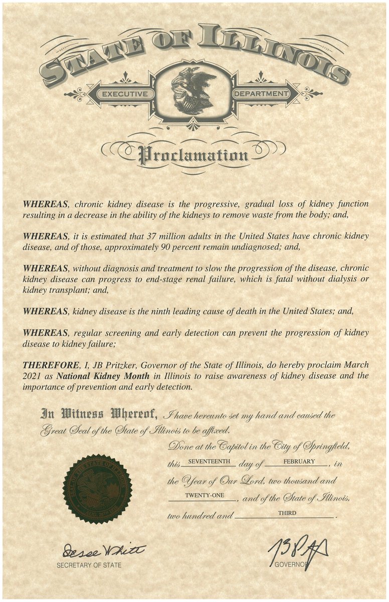 Governor JB Pritzker signed a proclamation declaring that March 2021 is officially National Kidney Month in Illinois!