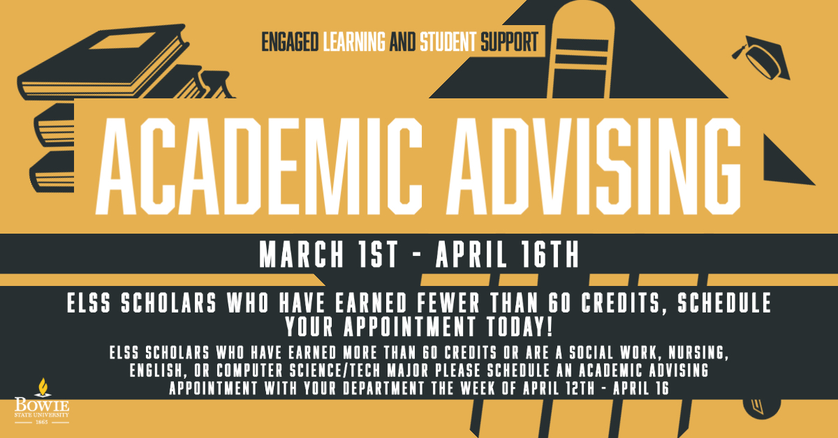 Book an appointment today! ELSS Scholars who have earned fewer than 60 credits can schedule an Academic Advising appointment Mar. 1 - Apr. 16. Please make reservations at 🔗  pamankwa.youcanbook.me or email Patience Amankwa at pamankwa@bowiestate.edu.

#ELSS