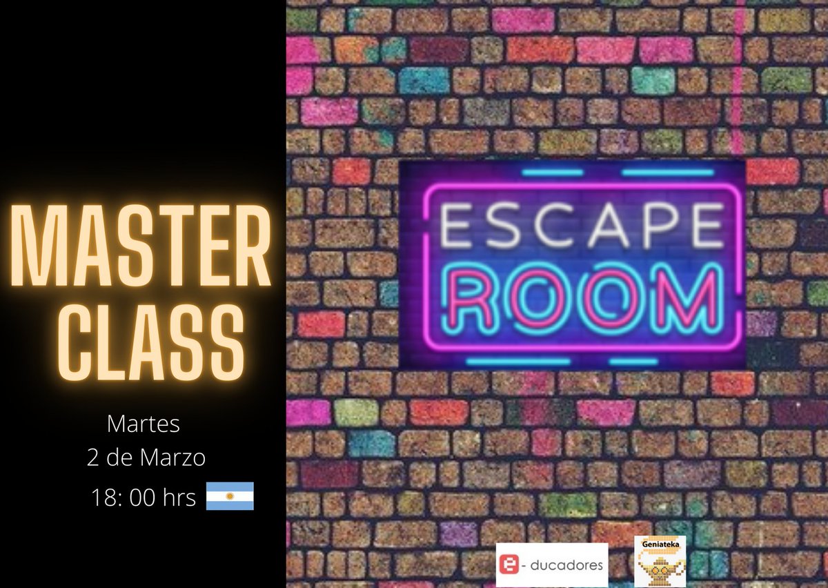 #Mañana 02/03 18:00 hrs de Argentina
1º MARTESclass: Fuga en el Siglo XXI Escape Room educativo. Descubre o conoce más acerca de esta estrategia didáctica disruptiva. <a href="/rocca_andrea/">Andrea Rocca</a> <a href="/cristinavdls/">Cristina Velázquez (Profe TINA)</a> <a href="/e_ducadores/">Programa e-ducadores</a> 
Inscripción s/arancel :
docs.google.com/forms/d/e/1FAI…
