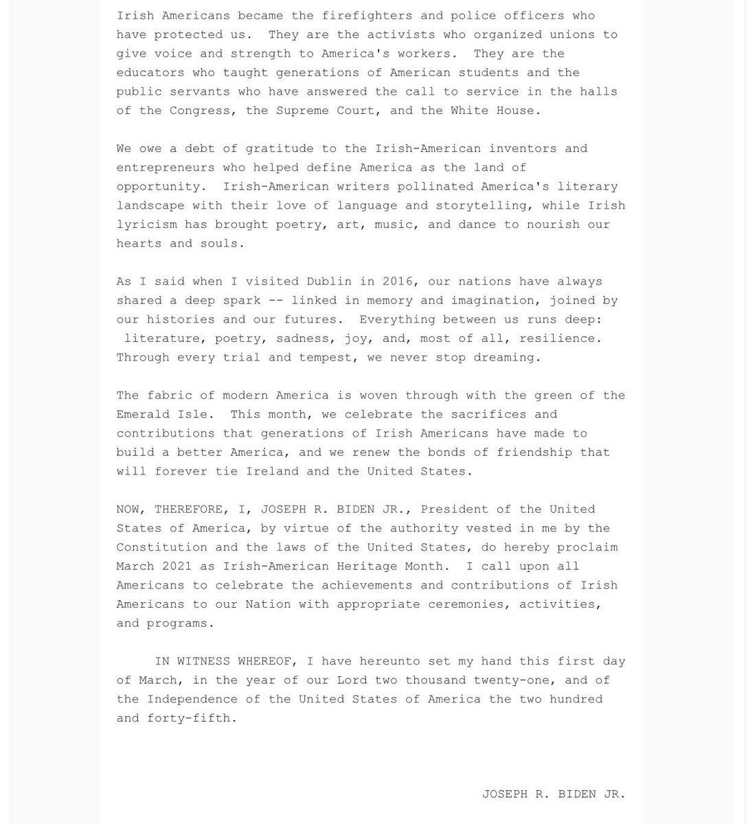 "The fabric of modern America is woven through with the green of the Emerald isle."

A beautiful &amp; deeply personal #IrishAmericanHeritageMonth proclamation from the <a href="/POTUS/">President Donald J. Trump</a>.