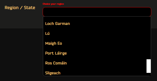 EnthraHD's tweet photo. This is fucking cool, the @bstategames merch store has proper Irish for the counties listed in the region drop down... awesome! 💪🏽😆 https://t.co/mB9hx6XgYE
