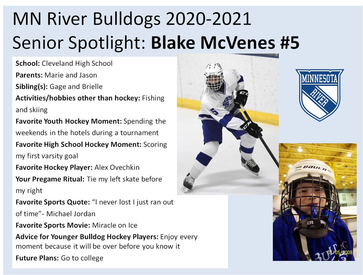 MNRiverBulldogs's tweet image. Next up today is Blake McVenes! Blake is a senior at Cleveland High School and a defenseman for the Bulldogs. Blake has done a great job of really learning the game putting himself to where he is one of our main D men. Going to miss D rushes next year! #bulldogfamily