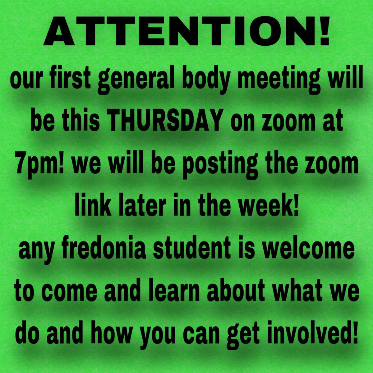 SpectrumFred's tweet image. ATTENTION! our first general body meeting will be this THURSDAY on zoom at 7pm! we will be posting the zoom link later in the week! any fredonia student is welcome to come and learn about what we do and how you can get involved!