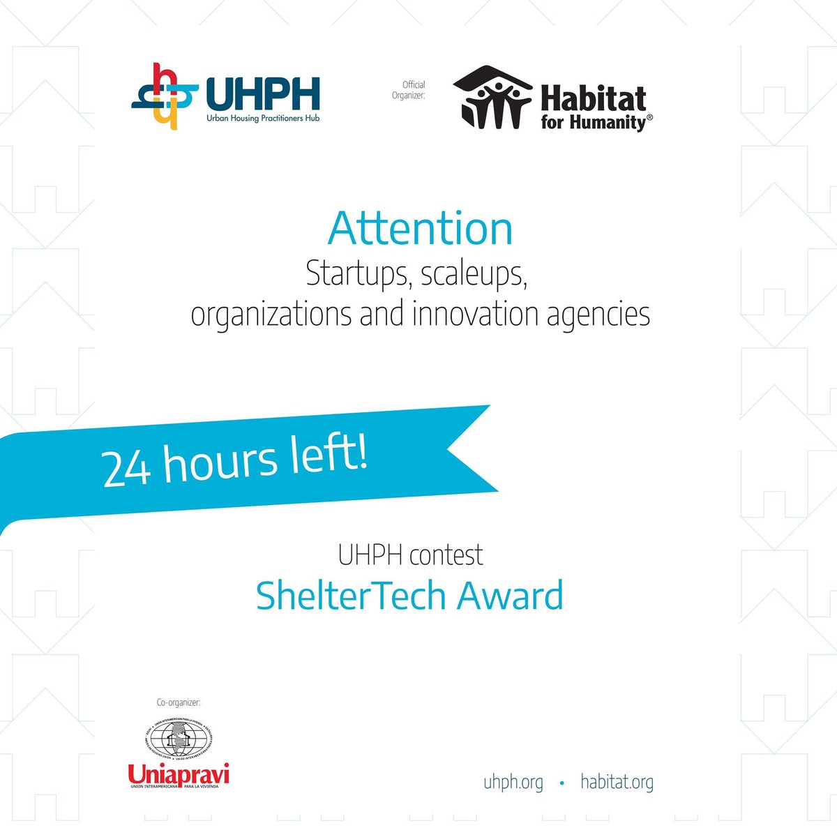 🏁🚦 In less than 24 hours, the registration period for the 'ShelterTech Award' from #LACHousingAndHabitat2021Forum will end. #Startups, #Scaleups, #Organizations and #InnovationAgencies  

WE'RE LOOKING FOR YOU!