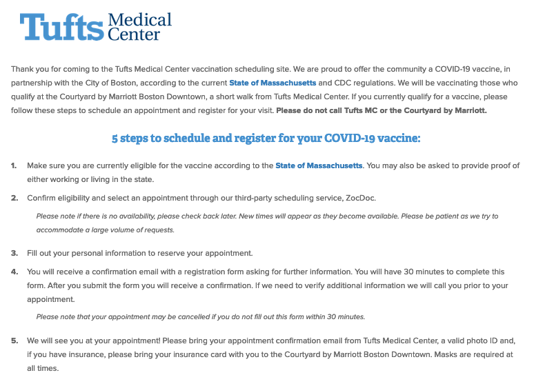 .<a href="/TuftsMedicalCtr/">Tufts Medical Center</a> now offering COVID-19 vaccine appts to eligible community members. Check eligibility here: mass.gov/covid-19-vacci…. Schedule appts here: tuftsmcvaccine.org. Vaccination site located at 279 Tremont next to the Courtyard Marriott, interpretation available.