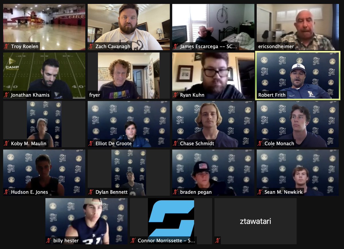 San Juan Hills football packing the OC public school football media zoom call. CIF-SS D4 champion <a href="/sjhhsfootball/">SJH Football</a> brought on Hudson Jones, Chase Schmidt, Elliot De Groote, Koby Maulin, Braden Pegan, Dylan Bennett, Sean Newkirk, Cole Monach and Billy Hester. Stallions are ready.