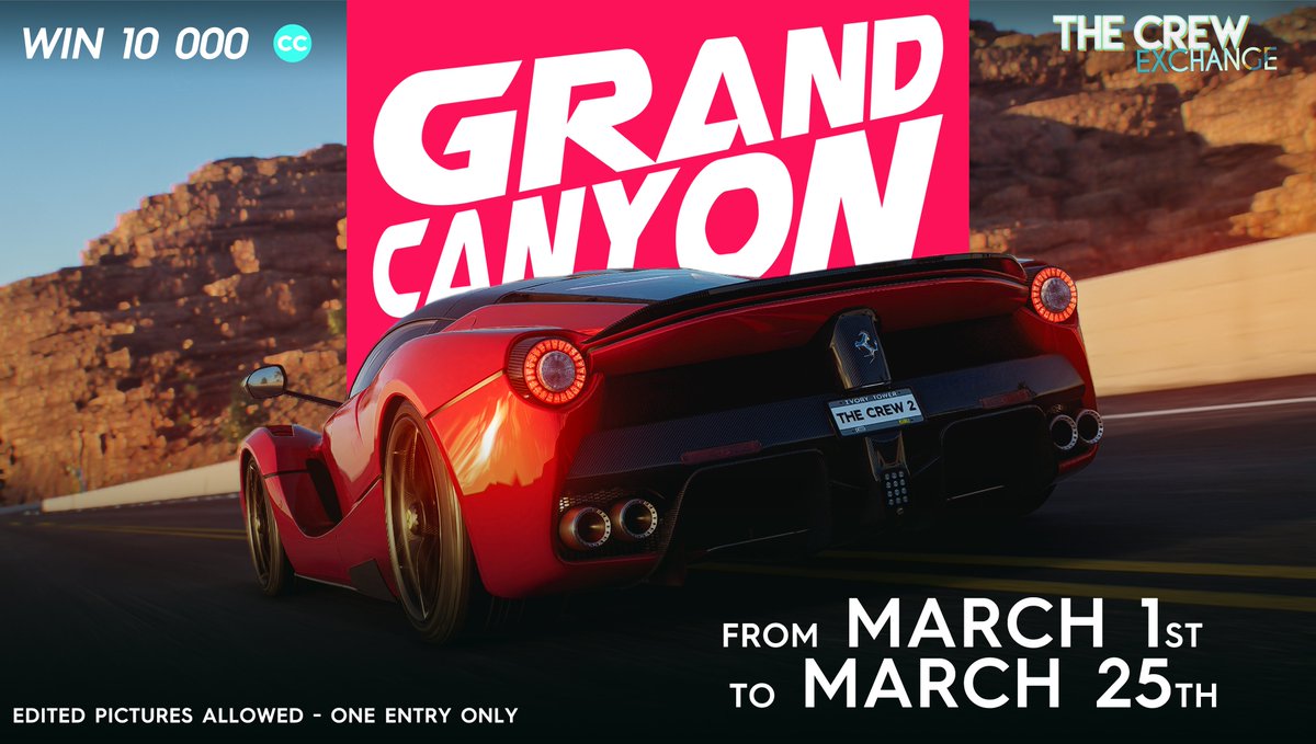 TheCrewExchange's tweet photo. Hey photographers ! 📸

This month's theme is "Grand Canyon". 

Starting from now to March 25th, the 3 bests photographers will win 10 000 Crew Credits ! 🪙

To participate, tweet your best pic related to the theme with #tcemonthly, your in-game name and your platform ! https://t.co/F5b16sOK1T