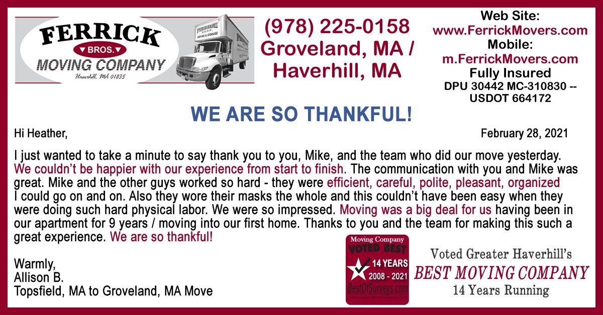ferrickmovers's tweet photo. TESTIMONIAL: Topsfield, MA to Groveland, MA Move
===================
All testimonials click:
https://t.co/9HA54JL04K
https://t.co/cTE8CUgPhM
===================
Greater Haverhill's #Best #Moving #Company 14 Years in a Row! (2008-2021) - #Haverhill #Groveland #MA #NH #Movers https://t.co/hO5Ud5X90J