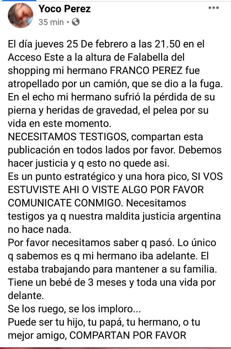 Vieron que escribí eso? Bueno su familia pide testigos, por favor si sabes algo hay que hablar a ese face.