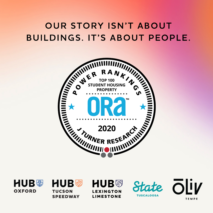 HubAtOxford's tweet photo. We take immense pride in being recognized as an ORA™ Top 100 Student Housing property by J Turner Research, especially for 2020. Congratulations to our team and thank you to our residents for expressing their appreciation for our community online! https://t.co/dvvpalHzkK