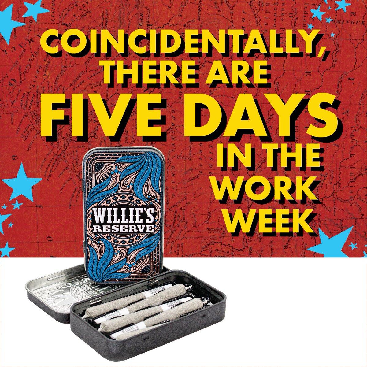 WilliesReserve's tweet photo. Weekdays to Weekends we got 5 on it! 
•
#HighFivePack #WilliesReserve
#willienelson #anherbandaflower #itsallgoingtopot #pot 
#rollmeup #cannabiscommunity #joints #sharethestash #blazingtwenties #redheadedstranger #cannabis #High https://t.co/Qav3m28EF7