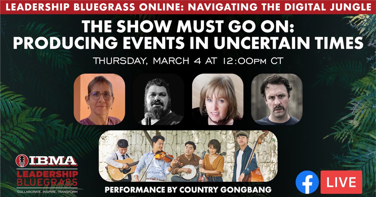 IntlBluegrass's tweet photo. What questions about the future of bluegrass events would you like to ask our esteemed panelists? Let us know and tune in Thursday at 12pm CT to hear their answers! https://t.co/z1aWmKVfo8