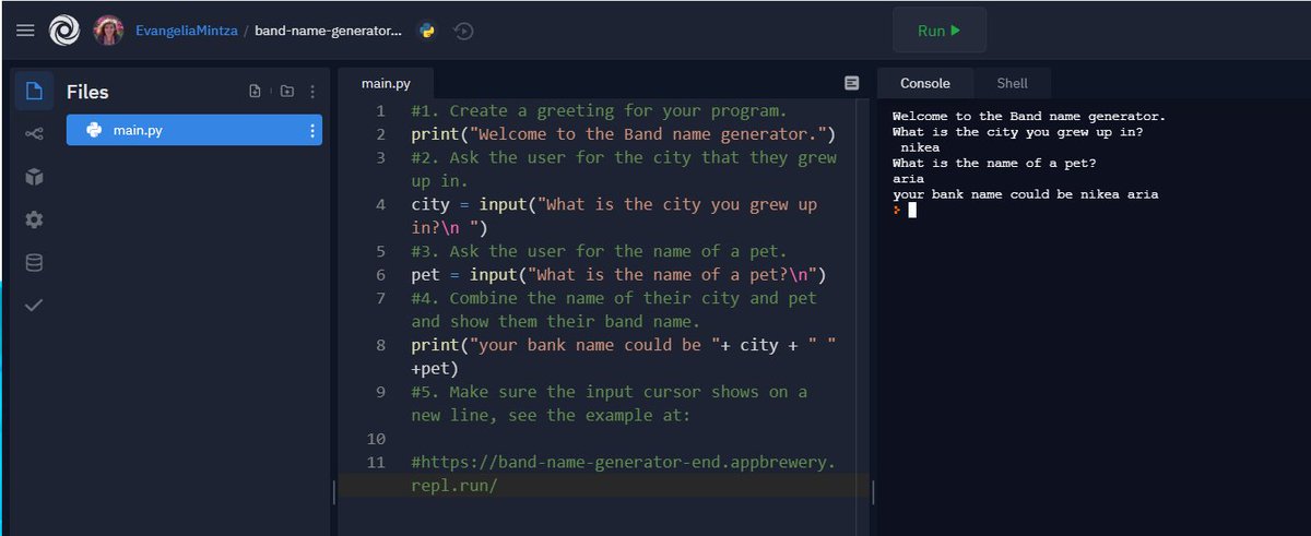EvaMintz's tweet photo. Day 1 of Learning Python : variables, string manipulation, print(), input() 

#100daysofcodechallenge https://t.co/KCLlLHASo4