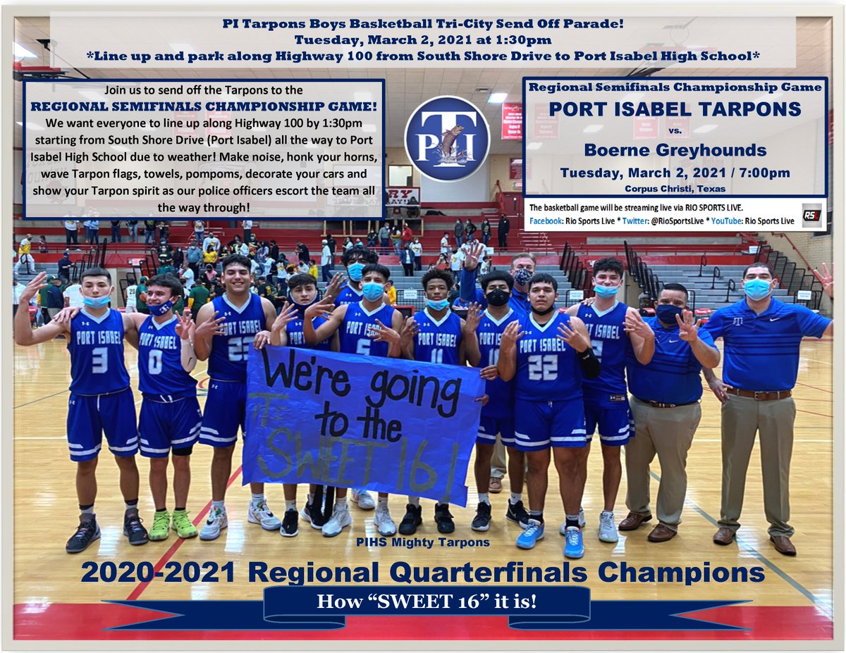 PointIsabelISD's tweet photo. 🏀Great things are happening in Point Isabel ISD, and we are making history! The PIHS Mighty Tarpons Regional Quarterfinal Champions will be playing the Boerne Greyhounds on Tuesday, March 2nd, in Corpus Christi at 7pm. https://t.co/Ou3DOOatcC