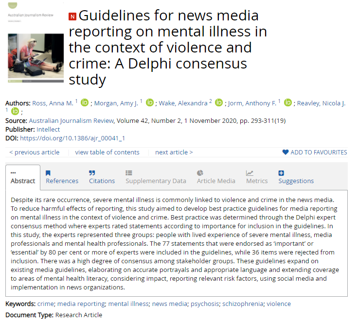 Our paper describing the development of guidelines for media reporting on mental illness, violence and crime is out! Big thanks to all our expert panelists and 
<a href="/MindframeMedia/">Mindframe</a>
 
<a href="/ProfNickiR/">Nicola Reavley</a> <a href="/WakeinFright/">Alexandra Wake, PhD</a> <a href="/Amy_J_Morgan/">Amy Morgan</a> <a href="/unimelbMSPGH/">Melbourne School of Population and Global Health</a>
 
bit.ly/3dTacYO