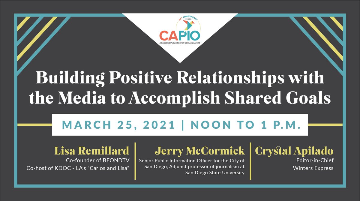 CAPIOTweets's tweet photo. Webinar: Building Positive Relationships with the Media to Accomplish Shared Goals
Register Today: https://t.co/ttvd6ciOsb
#wearecapio #capio2021 #capiotraining #beondtv #wintersexpress
@LisaRemillard https://t.co/cCCpkWzJHQ