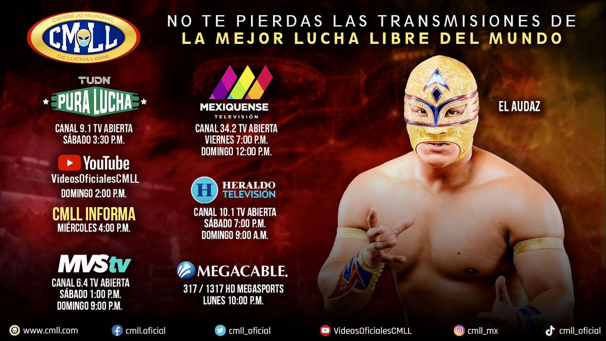 CMLL_OFICIAL's tweet photo. 🤩 🤩 Disfruta las transmisiones de La Mejor Lucha Libre del Mundo como si estuvieras en la primera fila. 

📺 No te pierdas toda la emoción a través de las diferentes televisoras. https://t.co/UXqkaDaryD