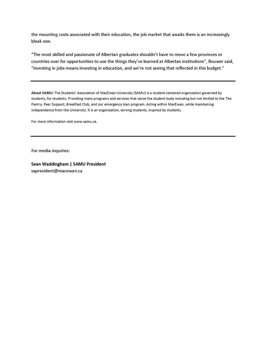 Check out SAMU's statement about last week's budget announcement.
 ow.ly/1PBw50DN9Tl 

#ABPSE
#SAMacEwan
#ABBudget2021
