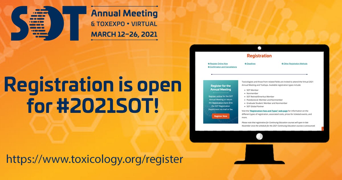 SOToxicology's tweet photo. #2021SOT will take place Mar. 12–26, 2021! This virtual event will include the best of cutting-edge toxicology, world-class researchers, expert service providers, and a supportive community of friends and colleagues! Register now: https://t.co/1fF5l5UWfB https://t.co/a9pVyuabVR