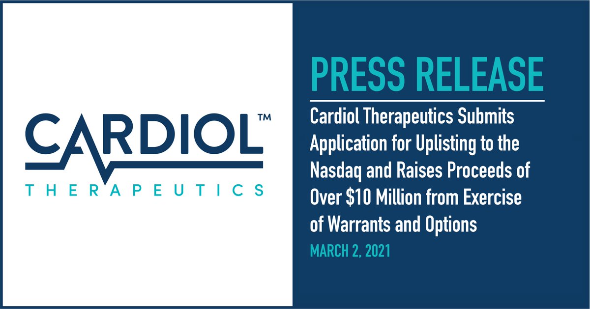 CardiolRx's tweet photo. PRESS RELEASE: Cardiol Therapeutics Submits Application for Uplisting to the Nasdaq and Raises Proceeds of Over
$10 Million from Exercise of Warrants and Options

Read the full press release: https://t.co/4K6939HQAw https://t.co/WsMfZ2rx09