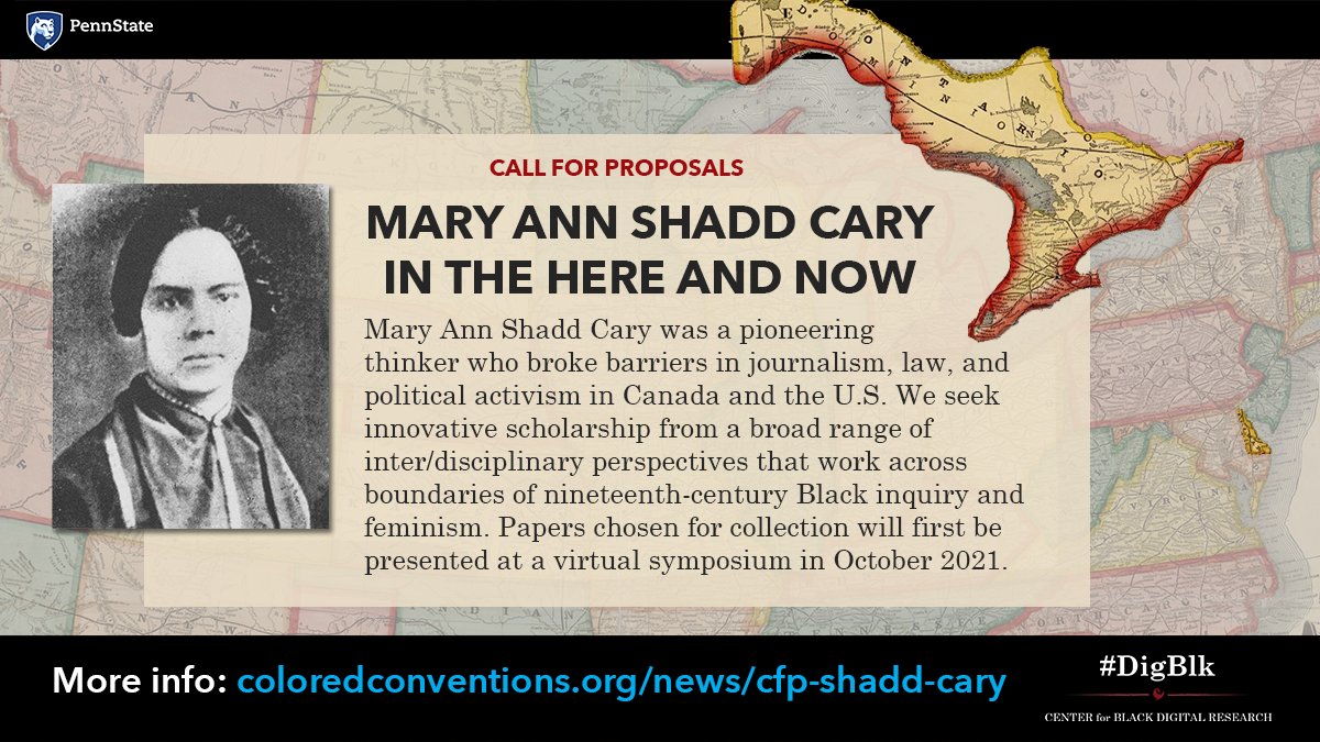 Dr. Kristin Moriah (@darkstars__) on Twitter photo πIt's here! Thrilled to announce this CFP for βMary Ann Shadd Cary in the Here and Now,β a symposium & first-ever edited collection in partnership w/ <a href="/CCP_org/">Colored Conventions</a>
+ <a href="/DigBlk/">Center for Black Digital Research π€ #DigBlk</a>
Abstracts: May 1
Symposium: Oct 2
Volume out 2023 for her 200th birthday! π
Info: bit.ly/cfp-shadd-cary πIt's here! Thrilled to announce this CFP for βMary Ann Shadd Cary in the Here and Now,β a symposium & first-ever edited collection in partnership w/ <a href="/CCP_org/">Colored Conventions</a>
+ <a href="/DigBlk/">Center for Black Digital Research π€ #DigBlk</a>
Abstracts: May 1
Symposium: Oct 2
Volume out 2023 for her 200th birthday! π
Info: bit.ly/cfp-shadd-cary
