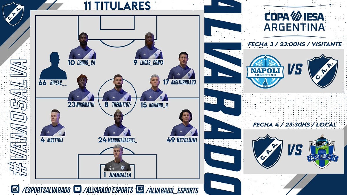 esportsalvarado's tweet photo. 🔵⚪ Vuelven las noches de Copa Argentina, hoy desde las 23hs!
🔹FECHA 3🔹
🆚 @napoliargentinofc
⏰23:00HS
🏟️VISITANTE
🔹FECHA 4🔹
🆚 #FalsoNueveFC
⏰23:30HS
🏟️LOCAL
📺https://t.co/waNOvWayrp
#VamosAlva #VamosMatade #MataderoVirtual https://t.co/ELdr3so8bh