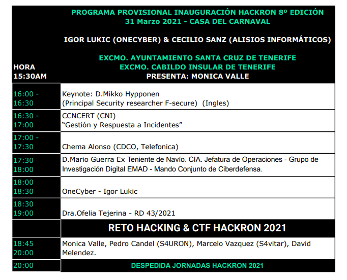 Hackr0n's tweet photo. Primer leak agenda #Hackron2021 - Utiliza como código "carnaval" o apoya comprando entradas en https://t.co/3l2hFlm8a9 https://t.co/JfcoCnmMFy