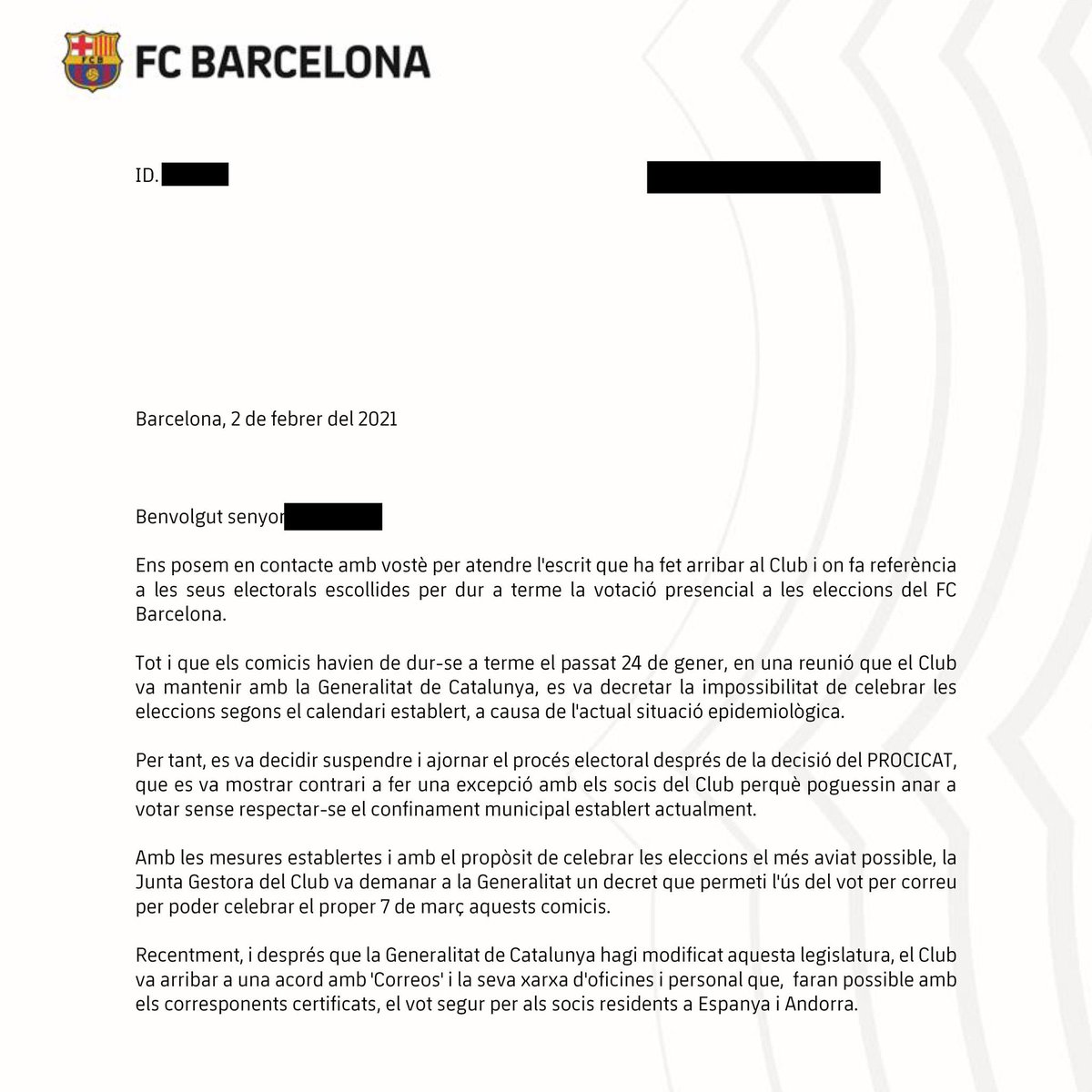 victor_nahe's tweet photo. 🔵🔴Respuesta del Barça el 02/02 a @ElCorBlaugrana cuando pedían una sede por comarca

✉️”Somos conscientes que con 6 sedes no llegaremos a todos los socios.Las autoridades desaconsejan las #MultiseusFCB”

❌Hoy la Generalitat prohíbe saltarse el confinamiento comarcal para votar https://t.co/PhtNLRya4b