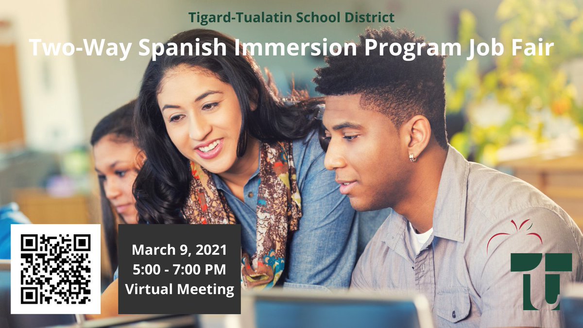 TigardTualSD's tweet photo. The Tigard-Tualatin School District is currently expanding Two-Way Spanish Immersion Programming  into our high schools. We are looking for teachers to grow our program with us. Consider joining us for this presentation. More information: https://t.co/QUTghDlD8S https://t.co/wo7UF9Fq9b
