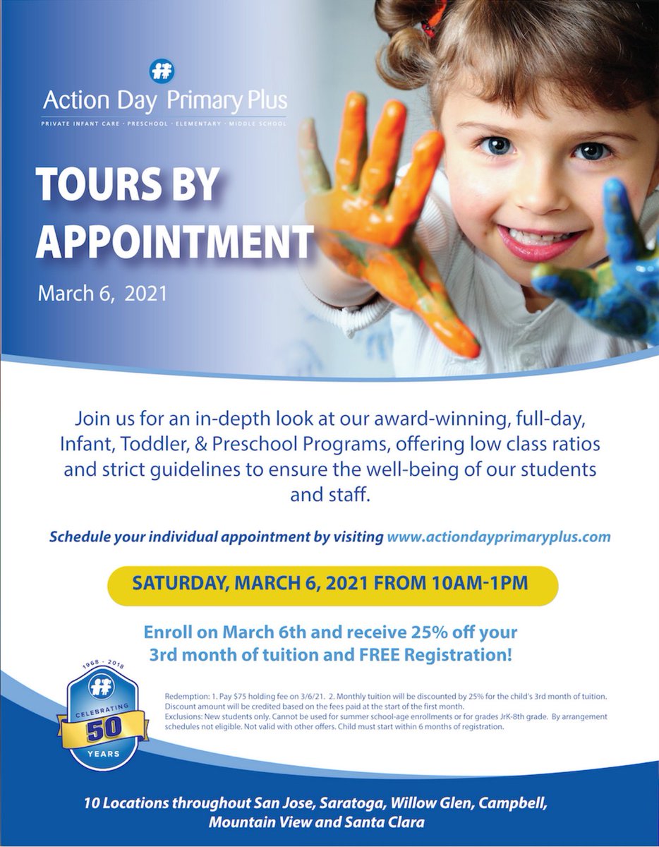 ADPP1968's tweet photo. Join us 3/6 for an individualized tour of one of our 10 Bay Area Preschool &amp; Infant Center locations between 10am-1pm. 
Our socially distant tours will offer a comprehensive look at our programs, COVID guidelines, &amp; special enrollment promotions!
Visit our site for more info! https://t.co/o1jrsFq8QG