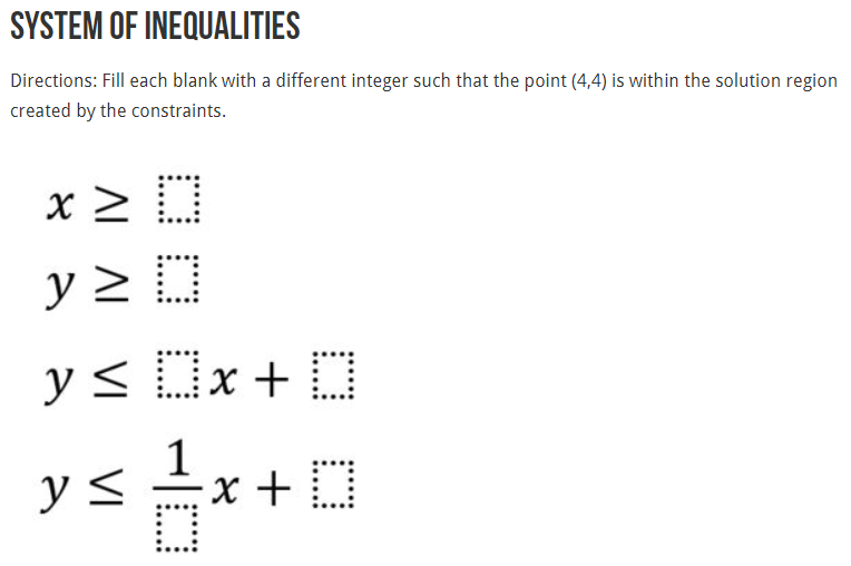 This systems of inequalities <a href="/openmiddle/">Open Middle</a> problem <a href="/TheErickLee/">Erick Lee HRCE Math</a> will challenge your students to use their conceptual understanding to create a region containing the point (4, 4). openmiddle.com/system-of-ineq… #MTBoS #iteachmath