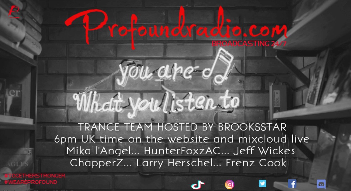 ProfoundradioC's tweet photo. https://t.co/tEF4Kq01Yv
TRANCE TUESDAY HOSTED BY @Brooksstar 
Mika l'Angel @danibluedj @HunterFoxzAC @Wickes36O @chapperzedm larry Herschel &amp; @frenzcook 
#togetherstronger #weareprofound #Trance #TranceFamily #tranceaddict #trancemusic #trancevibe #plur #residents #teamwork https://t.co/mlltHijRR9