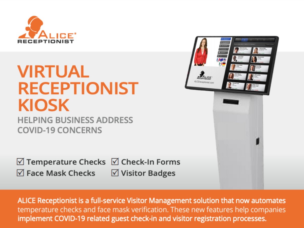 AliceReception's tweet image. Looking for safe and economical options to help manage your building or lobby visitor interactions? See how ALICE can benefit your business. Learn more: ow.ly/uem250DNioS