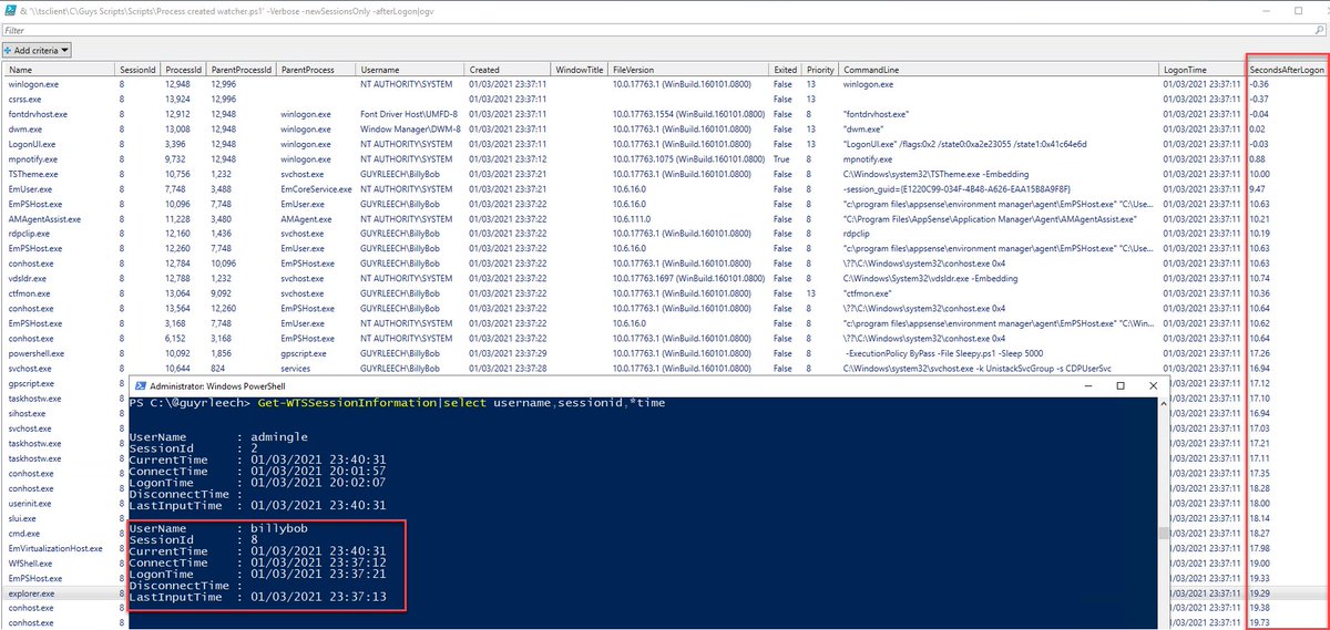 New teaser as it evolves - can now show process start times relative to the logon time of any session. Note WTS APIs give null dates (year 1601) if you query them too soon after session starts.

Plenty of filtering options.

Script coming soon.

It's going to be useful, I hope! https://t.co/333LwKp5GC https://t.co/bh73bXRqnj